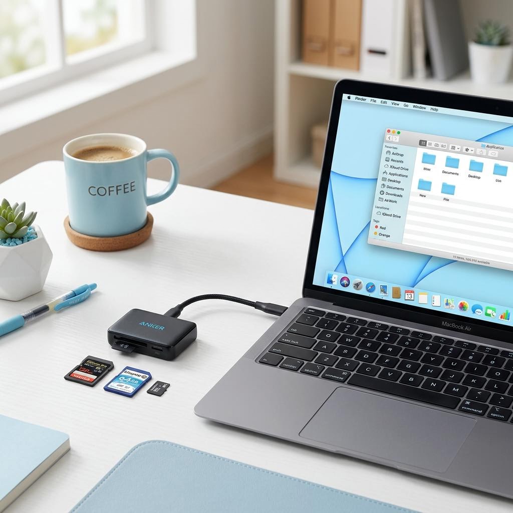 Compact memory card reader and cards beside a laptop on a white desk with light blue accents.