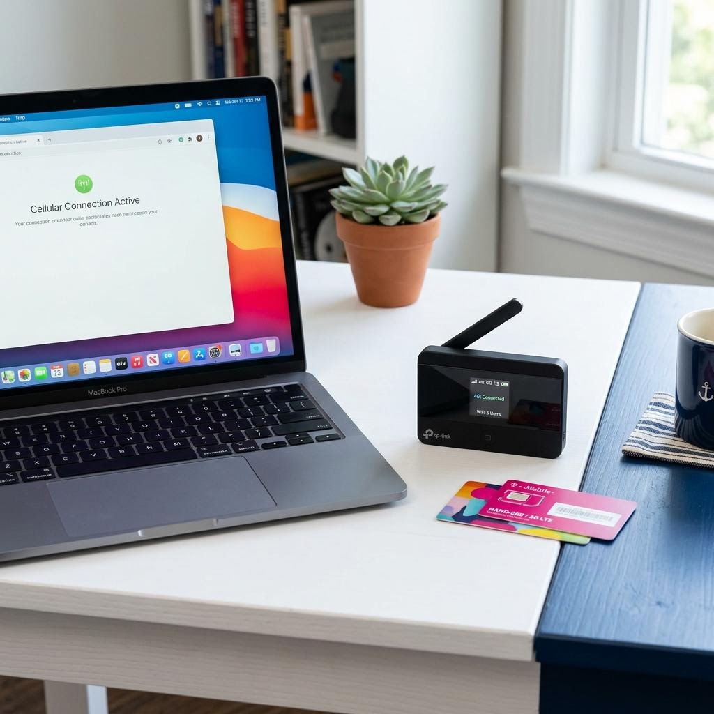 Compact cellular hotspot beside a laptop and SIM card on a neat white and blue desk.