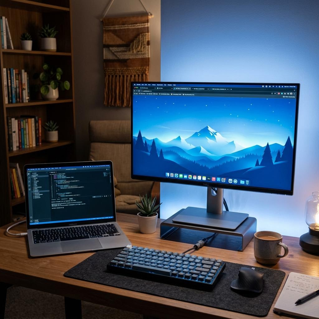 Laptop and desktop monitor arranged as a calm virtual computing workspace with soft blue light.