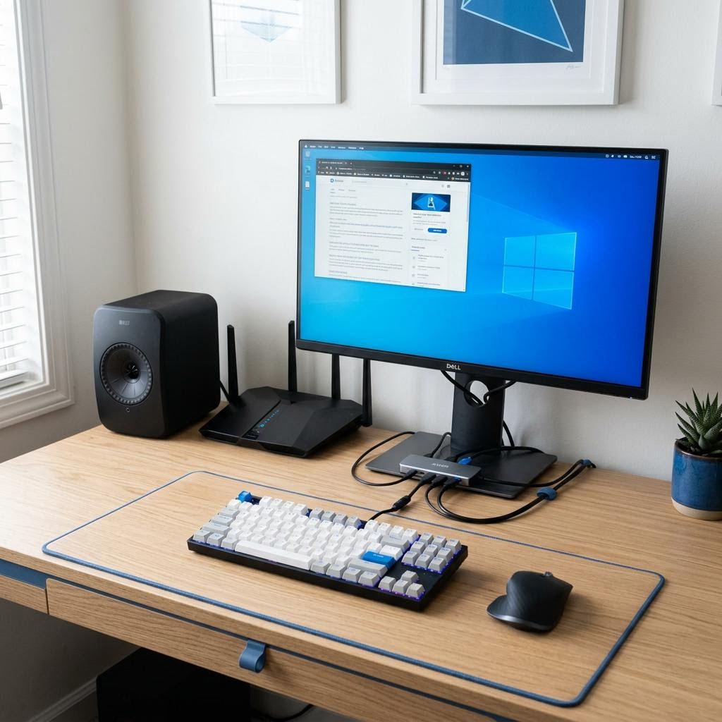 Monitor, keyboard, mouse, speakers, USB hub, and router arranged on a light clean desk with blue accents.