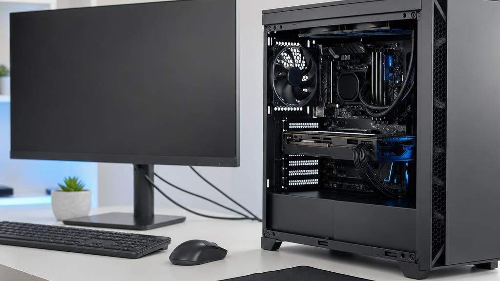 Desktop computer tower with its side panel removed beside a dark monitor on a white desk.