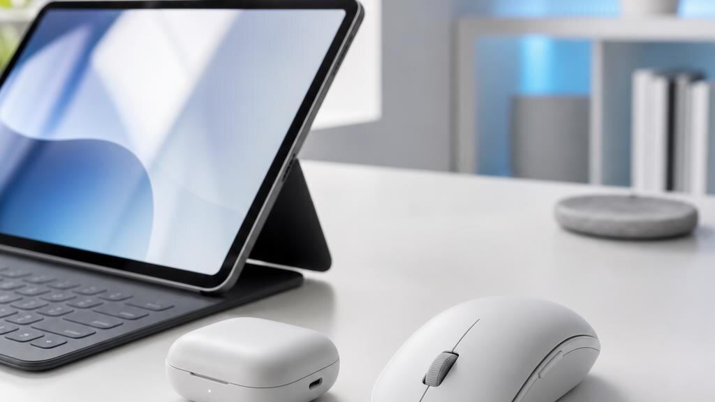 Wireless mouse and earbud charging case arranged beside a tablet on a white desk.