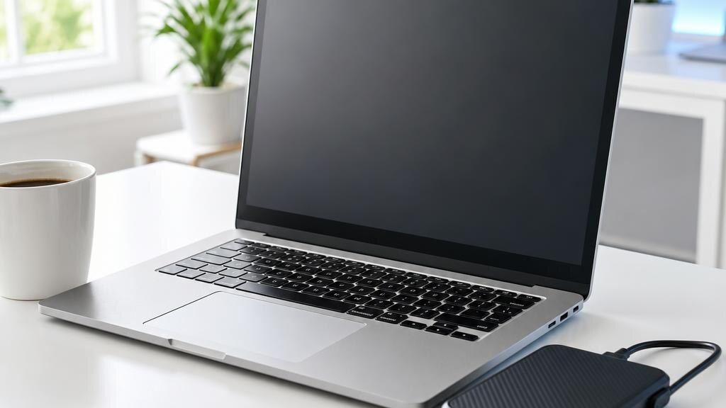 Open laptop with a dark screen beside a coffee cup and a plant on a tidy white desk.