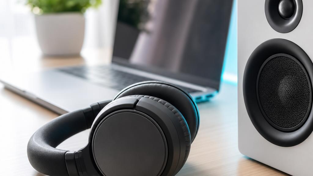 Over-ear headphones resting beside a desktop speaker on a light wooden desk.