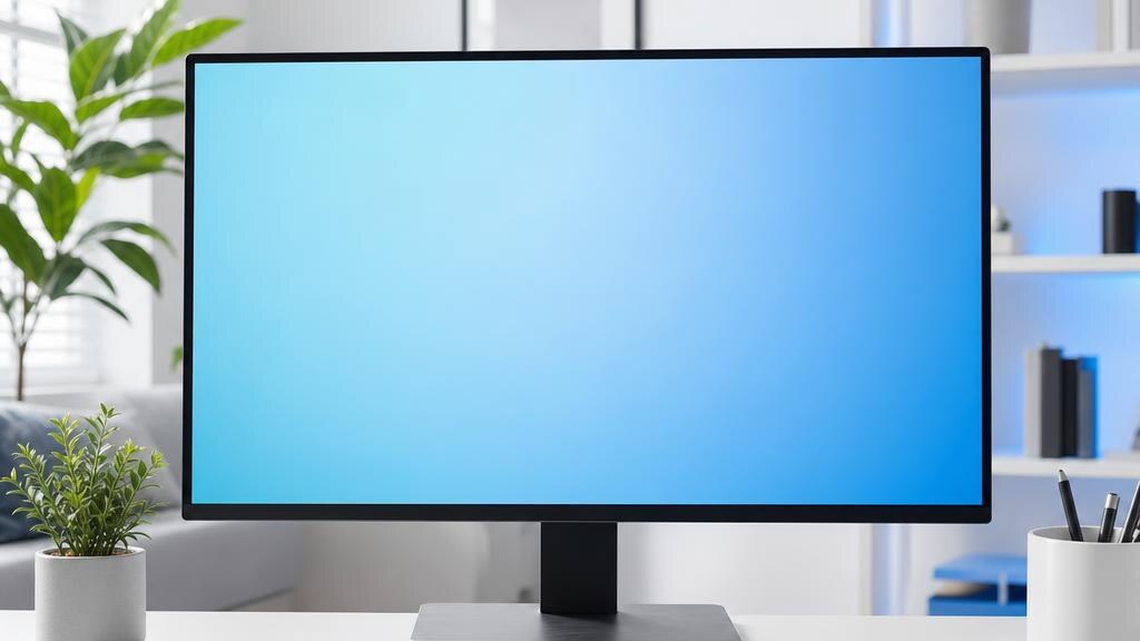 Widescreen monitor showing a blank blue gradient screen above a keyboard.
