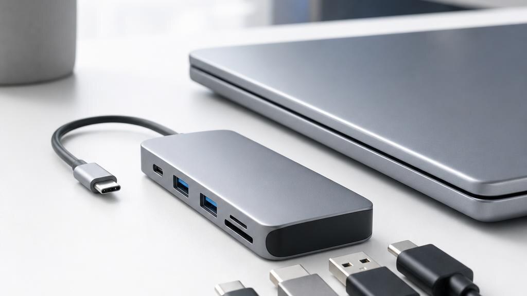 USB-C hub with loose unplugged cables next to a closed laptop on a white desk.