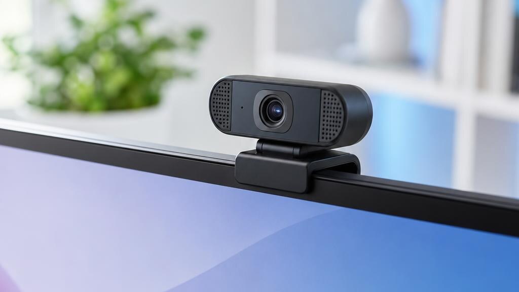 Clip-on webcam mounted on the top bezel of a slim monitor in a bright room.